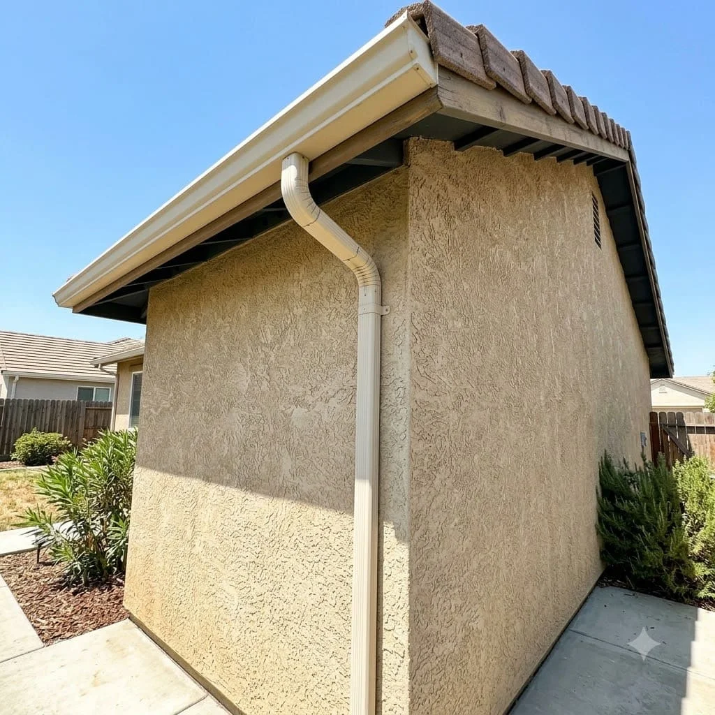 A downspout running down a stucco corner of a Clovis house