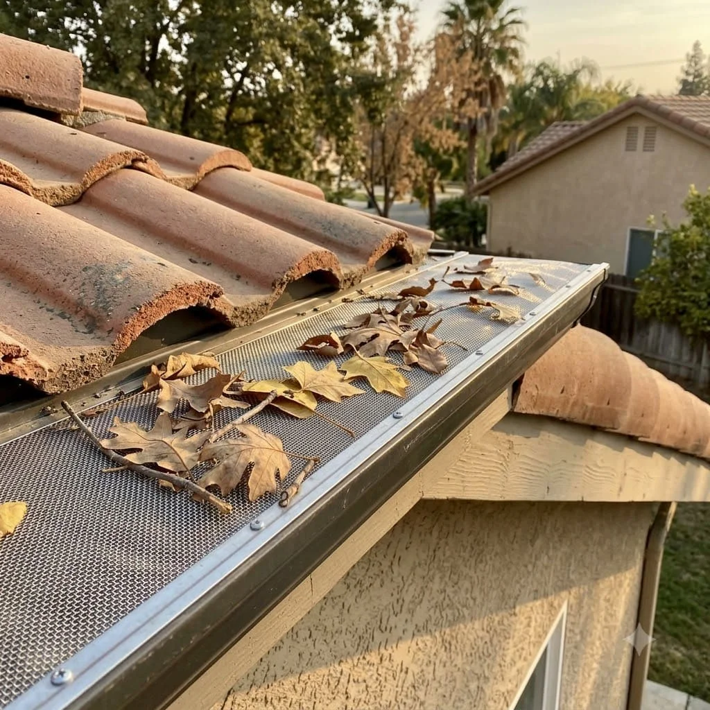 A mesh-style gutter guard fitted over the trough of a Fresno house