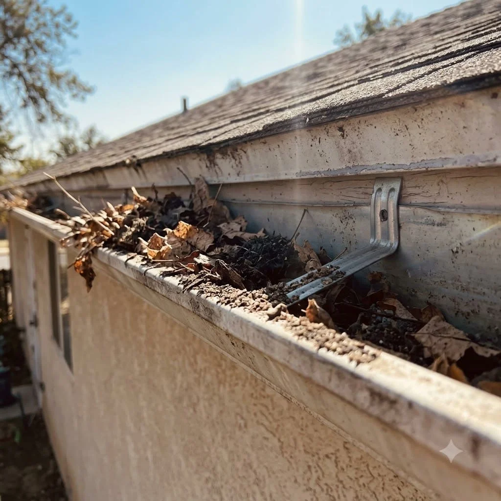 A gutter trough on a single-story Fresno ranch house