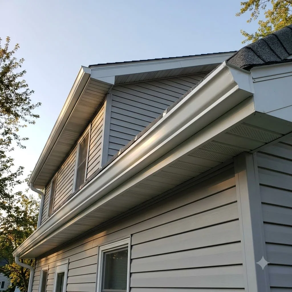 A new aluminum seamless gutter run fastened to a fascia board on a two-story house