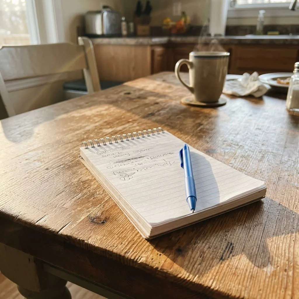 A notepad and a pen on a kitchen table