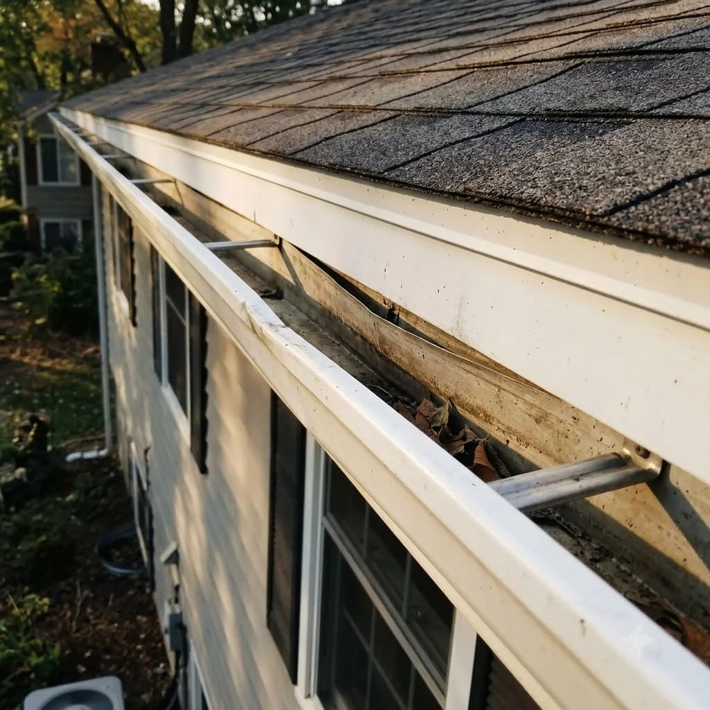 A gutter run that sags between two brackets