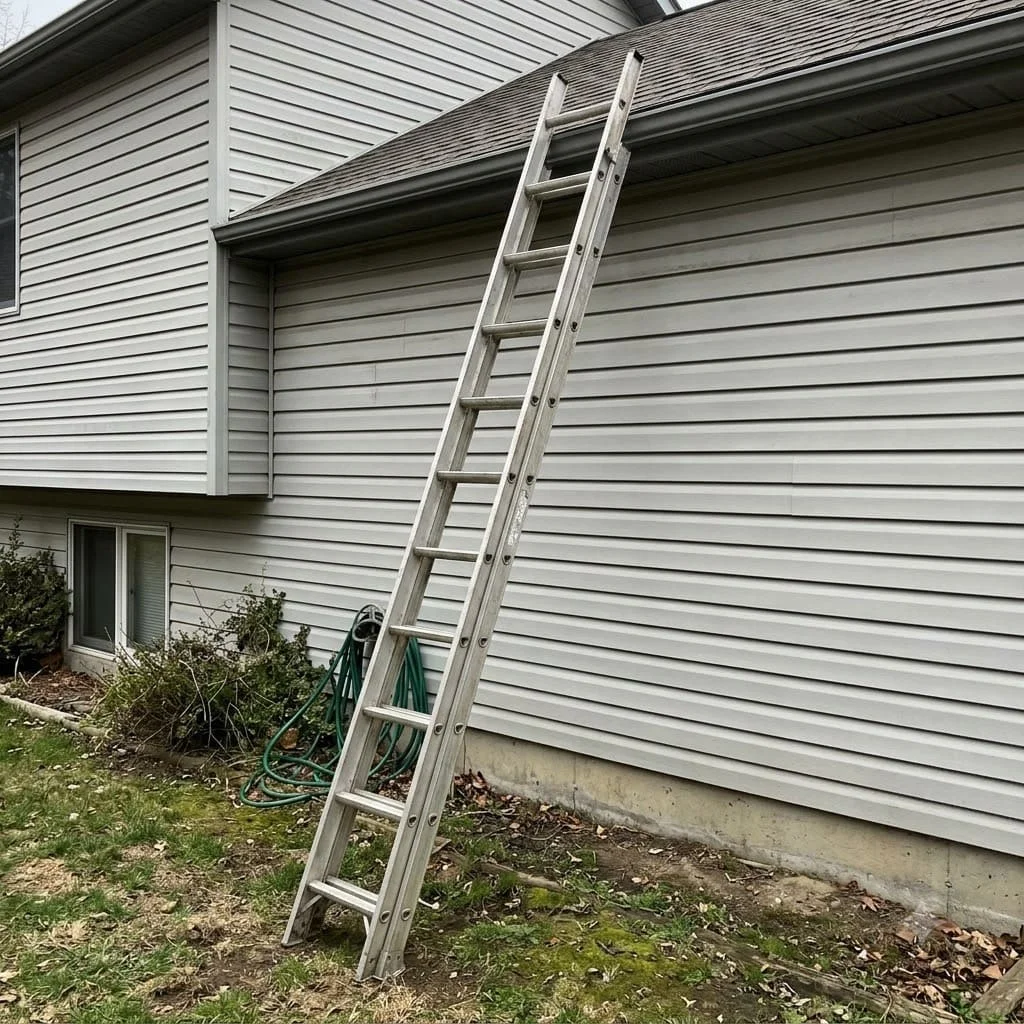 An empty aluminum ladder leaning against a house wall with gutters above